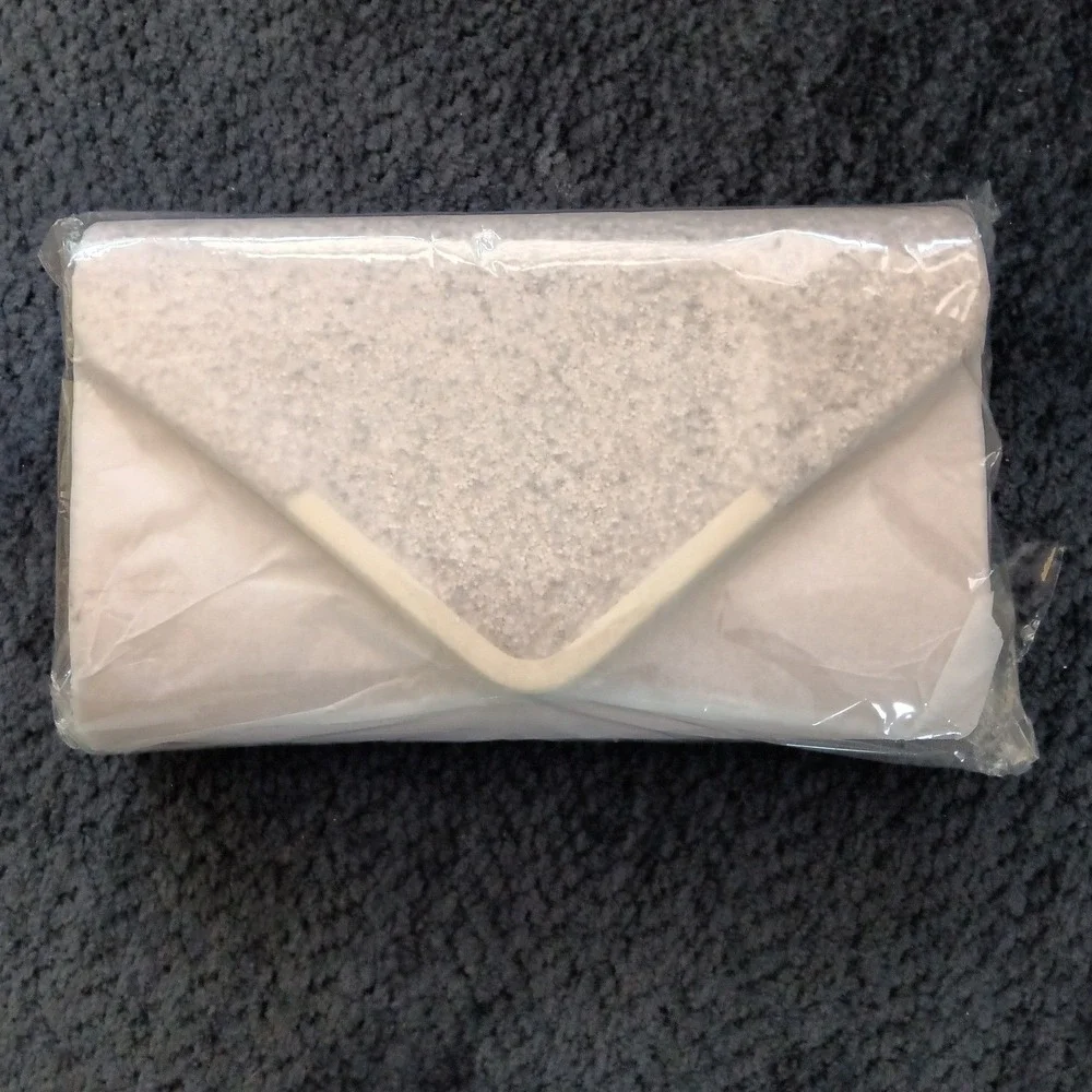 Champagne‎ Pink Glitter Envelope Clutch Bag Gold V Trim Formal Evening Purse NEW